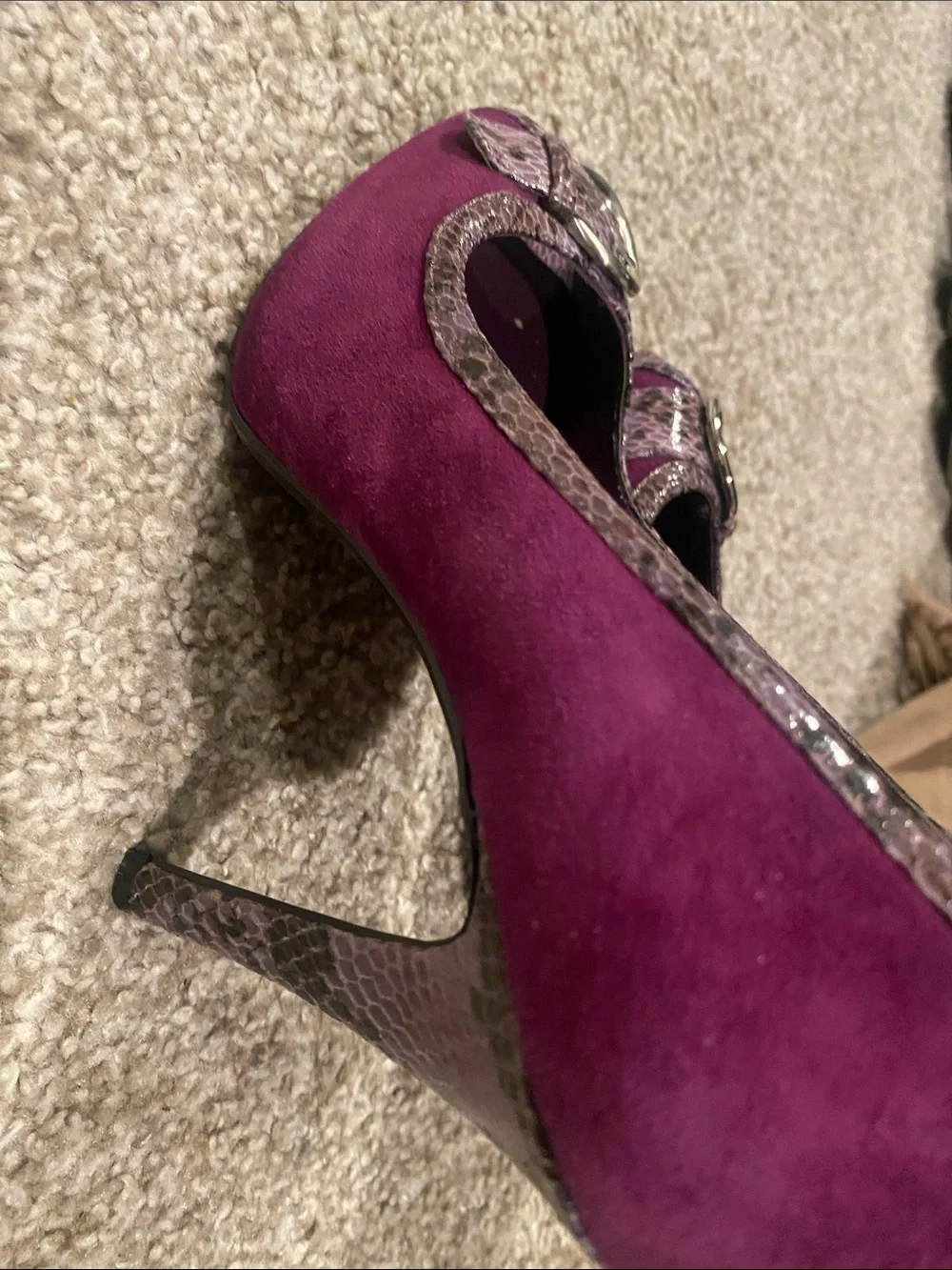 Nine West Purple Suede Peep-Toe Pumps with Snakeskin Accent and Gold Buckle
